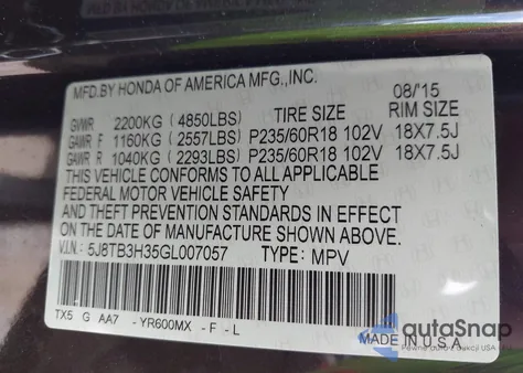 2016 Acura Rdx Acurawatch Plus Pkg from USA, damaged, VIN 5J8TB3H35GL007057